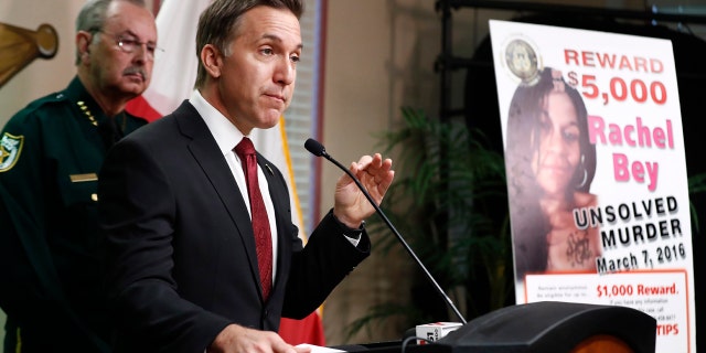 Dave Aronberg, state attorney for Palm Beach County, Fla., speaks during a news conference on Monday, Sept. 16, 2019, in West Palm Beach, Fla. Palm Beach County Sheriff's officials said they arrested 32-year-old Robert Hayes for first-degree murder in Rachel Bey's death.