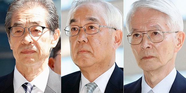 In this combination of photos, from left, former Tokyo Electric Power Co. (TEPCO) Vice Presidents Ichiro Takekuro and Sakae Muto and chairman Tsunehisa Katsumat arrive at Tokyo District Court in Tokyo Thursday.