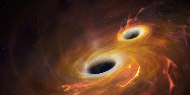 This artistic interpretation shows two black holes on a collision course. In the new system, three supermassive black holes will merge.