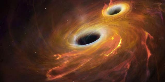 This artistic interpretation shows two black holes on a collision course. In the new system, three supermassive black holes will merge.