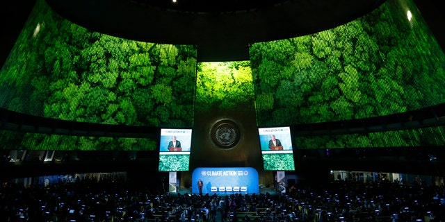 Secretary-General Antonio Guterres addresses the Climate Summit in the United Nations General Assembly at U.N. headquarters, Monday, Sept. 23, 2019. (AP Photo/Jason DeCrow)