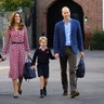 Britain's Princess Charlotte with her brother Prince George and their parents Prince William and Kate, Duchess of Cambridge, arrives for her first day of school at Thomas's Battersea in London, Sept. 5, 2019. 