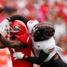 Arkansas State cornerback Jerry Jacobs breaks up a pass intended for Georgia wide receiver George Pickens in the first half of an NCAA college football game in Athens, Georgia, Sept. 14, 2019.