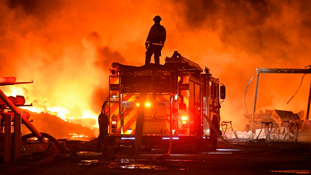 A firefighter stops to look at a wall of fire while battling a grass fire on East Cypress Road in Knightsen, Calif., on Sunday, Oct. 27, 2019. The grass fire originated 3:08 a.m. on Gateway Boulevard on Bethel Island as reported by the East Contra Costa Fire Department. The fire then spread to a second location on East Cypress Road at 5:45 a.m. (Jose Carlos Fajardo/Bay Area News Group/San Jose Mercury News via AP)