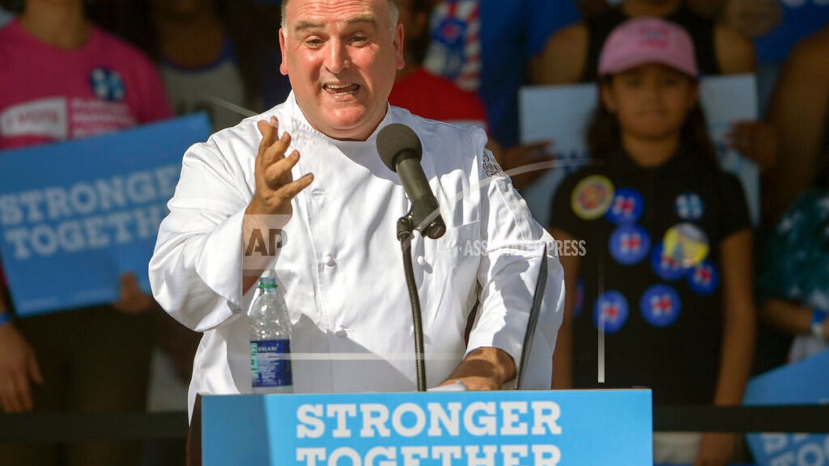 Spanish-American chef José Andrés speaks during a "Get out the vote," rally for Hillary Clinton rally in Tampa, Fla. in 2016. (Andres Leiva/Tampa Bay Times via AP, File)
