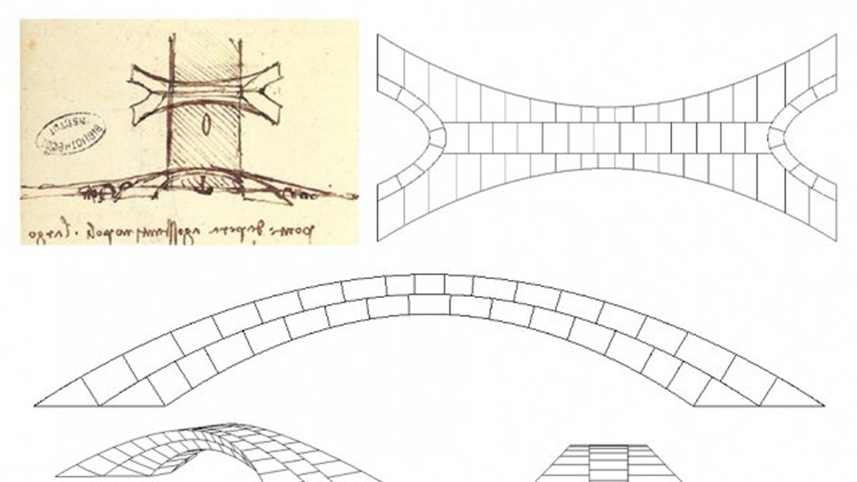 Leonardo da Vinci’s original drawing of the bridge proposal, showing a plan view at top and a side view (elevation) below, including a sailboat passing under the bridge, along with drawings that students Karly Bast and Michelle Xie produced to show how the structure could be divided up into 126 individual blocks that were 3D printed to build a scale model. (Credit: Karly Bast and Michelle Xie)