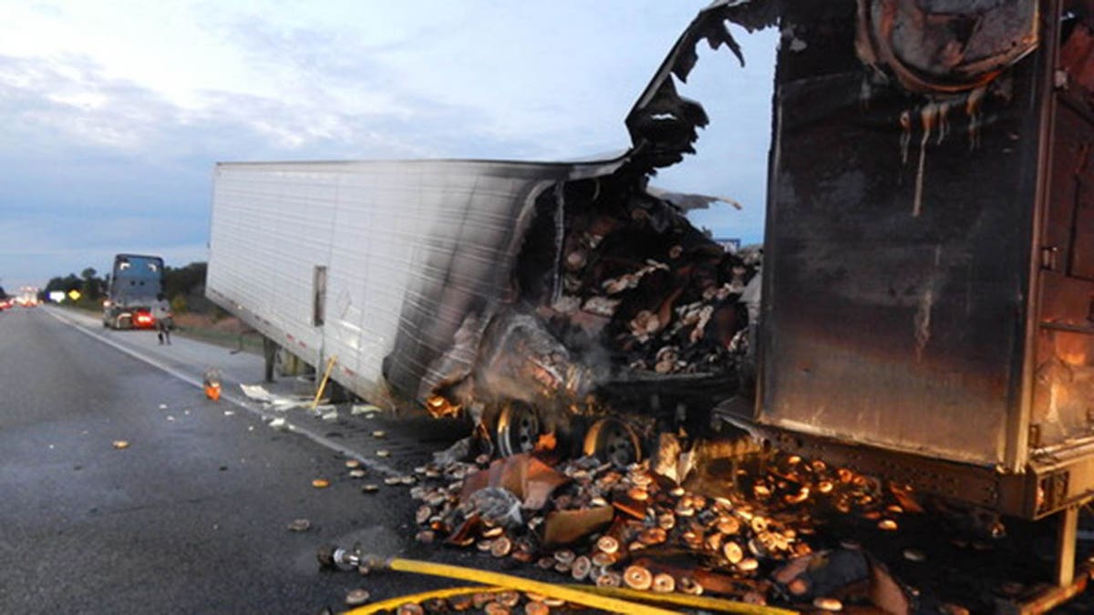 Roughly 38,000 pounds of frozen bagels were ruined when this tractor-trailer caught fire in Indiana on Sunday.