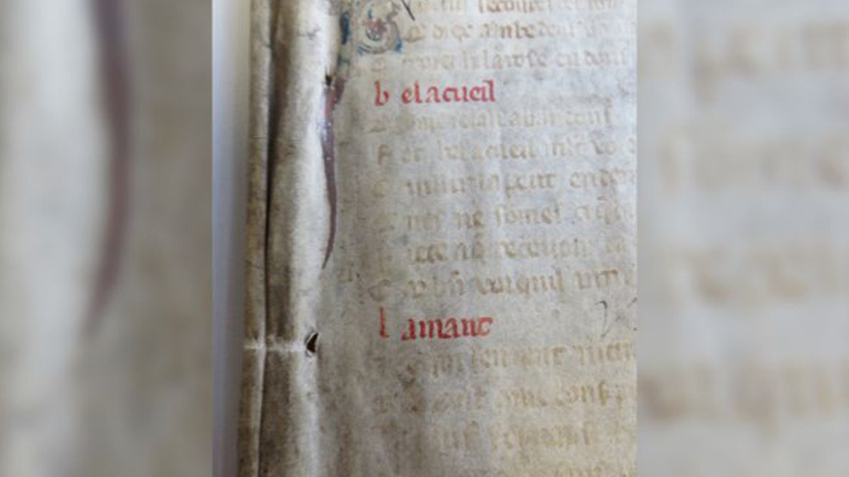 The words "bel accueil" on a parchment fragment tipped off medieval expert Marianne Ailes that this was a copy of the famous French poem "La Roman de la Rose." (Credit: Courtesy the Bishop of Worcester)