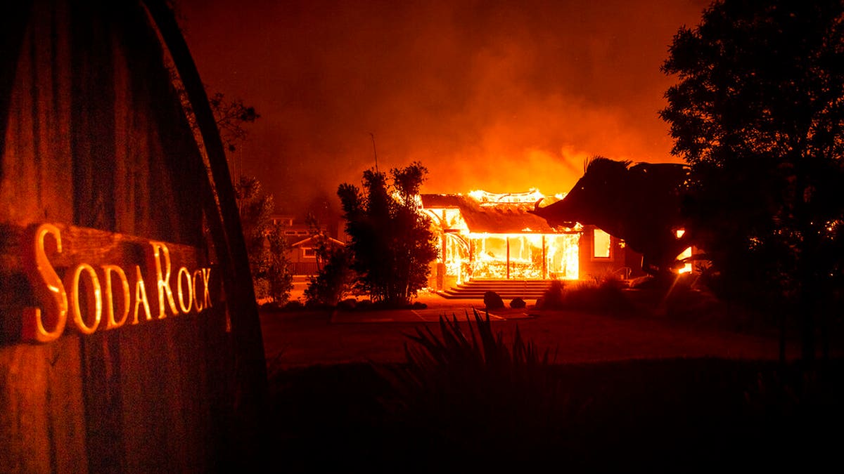 Flames from the Kincade Fire consuming Soda Rock Winery on Sunday in Healdsburg, Calif.
