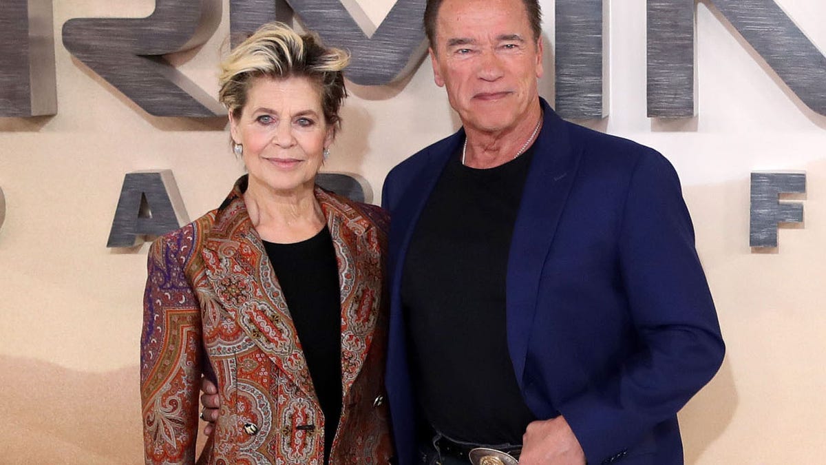 Linda Hamilton and Arnold Schwarzenegger attend the "Terminator: Dark Fate" photocall on October 17, 2019 in London, England.