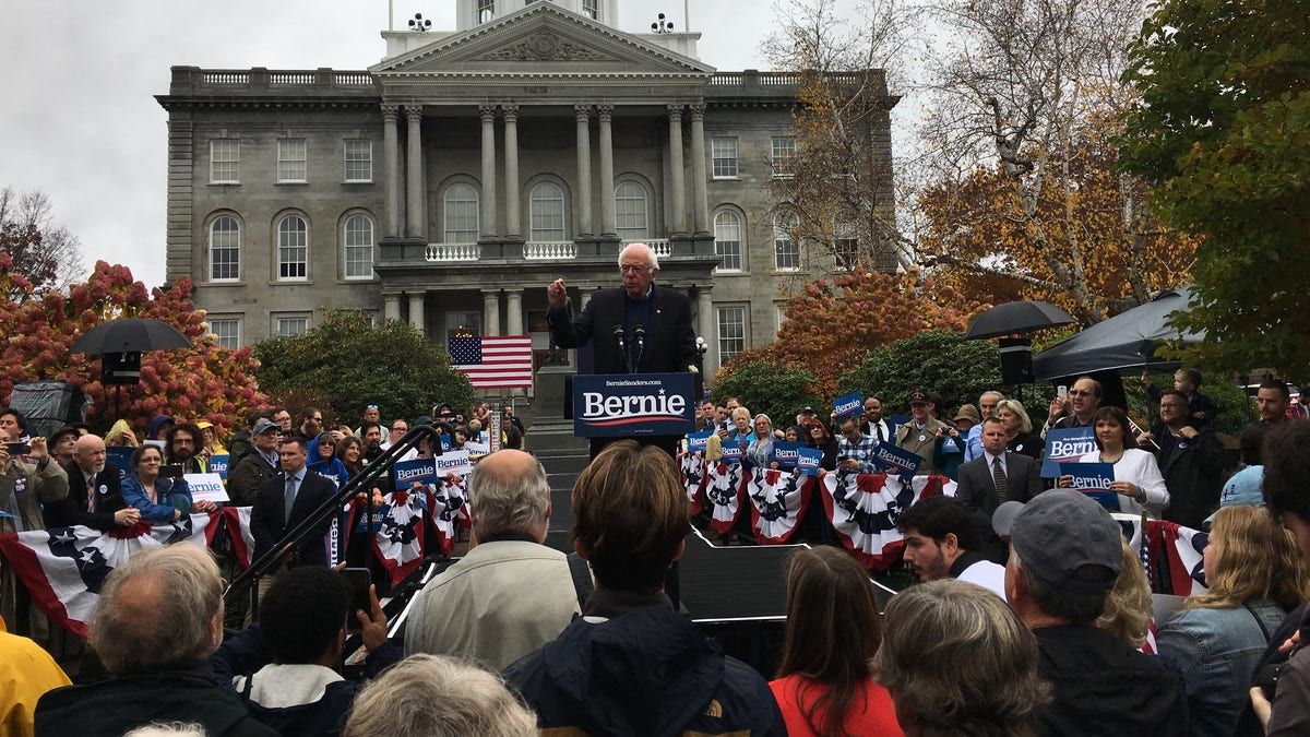 Democratic presidential candidate Sen. Bernie Sanders of Vermont holds a rally outside the New Hampshire Statehouse, in Concord, N.H., on Oct. 31, 2019