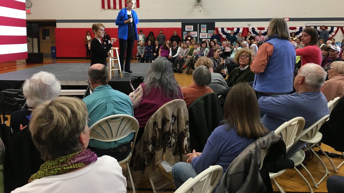 Presidential candidate Elizabeth Warren taking a question from the audience at a town hall in Laconia, N.H., on Tuesday.