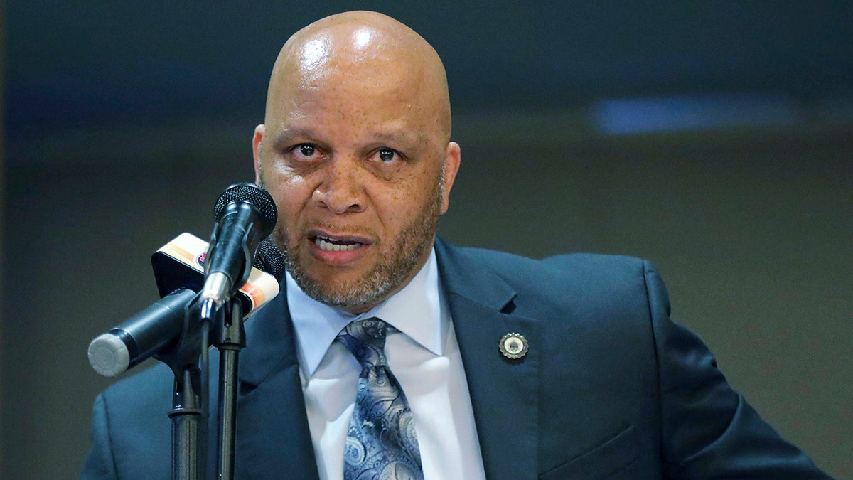 April 23, 2019: Atlantic City Mayor Frank Gilliam Jr. speaks at the Atlantic City Implementation Plan. Frank Gilliam Jr. Gilliam Jr. pleaded guilty in federal court in Camden, Thursday, Oct. 3, 2019 to wire fraud, admitting he defrauded a basketball club out of $87,000.(Craig Matthews/The Press of Atlantic City via AP, File)