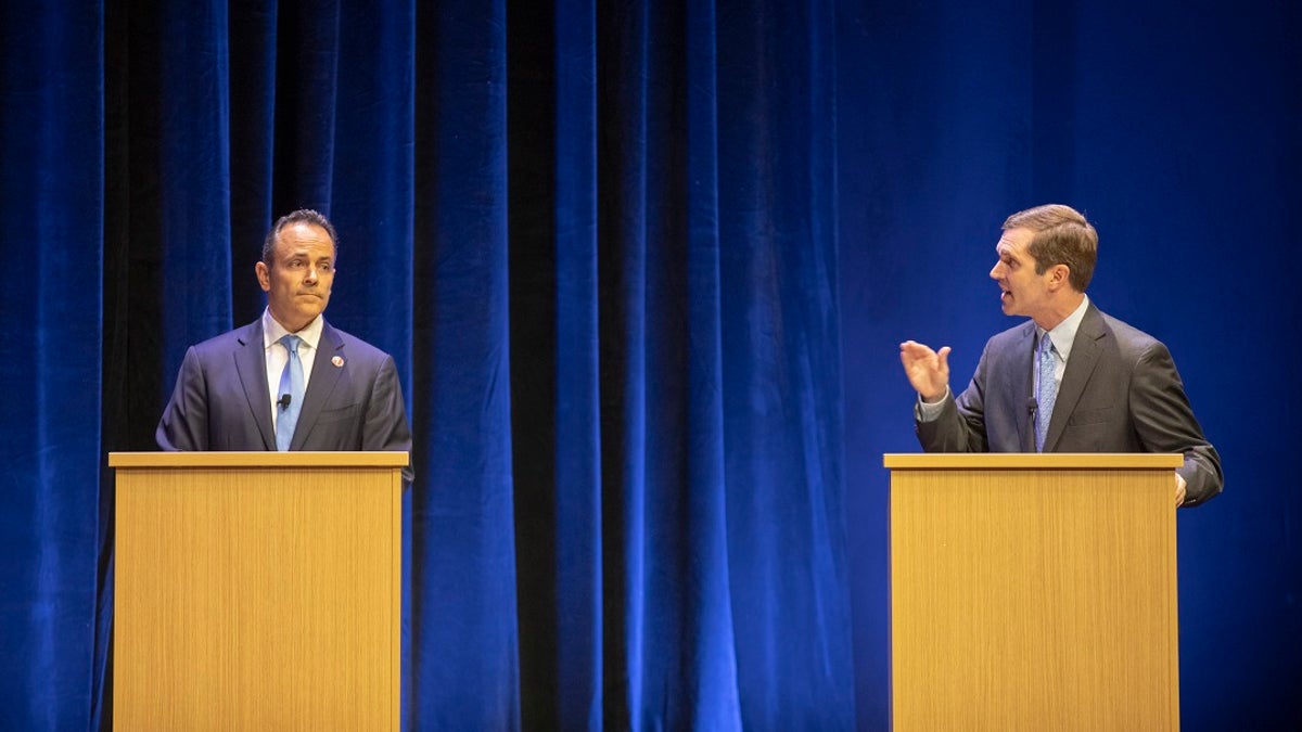 Republican Gov. Matt Bevin, left, and Democratic Attorney General Andy Beshear participate in a debate at the Singletary Center for the Arts on the University of Kentucky campus in Lexington, Ky., on Oct. 15. (Ryan C. Hermens/Lexington Herald-Leader via AP, Pool)