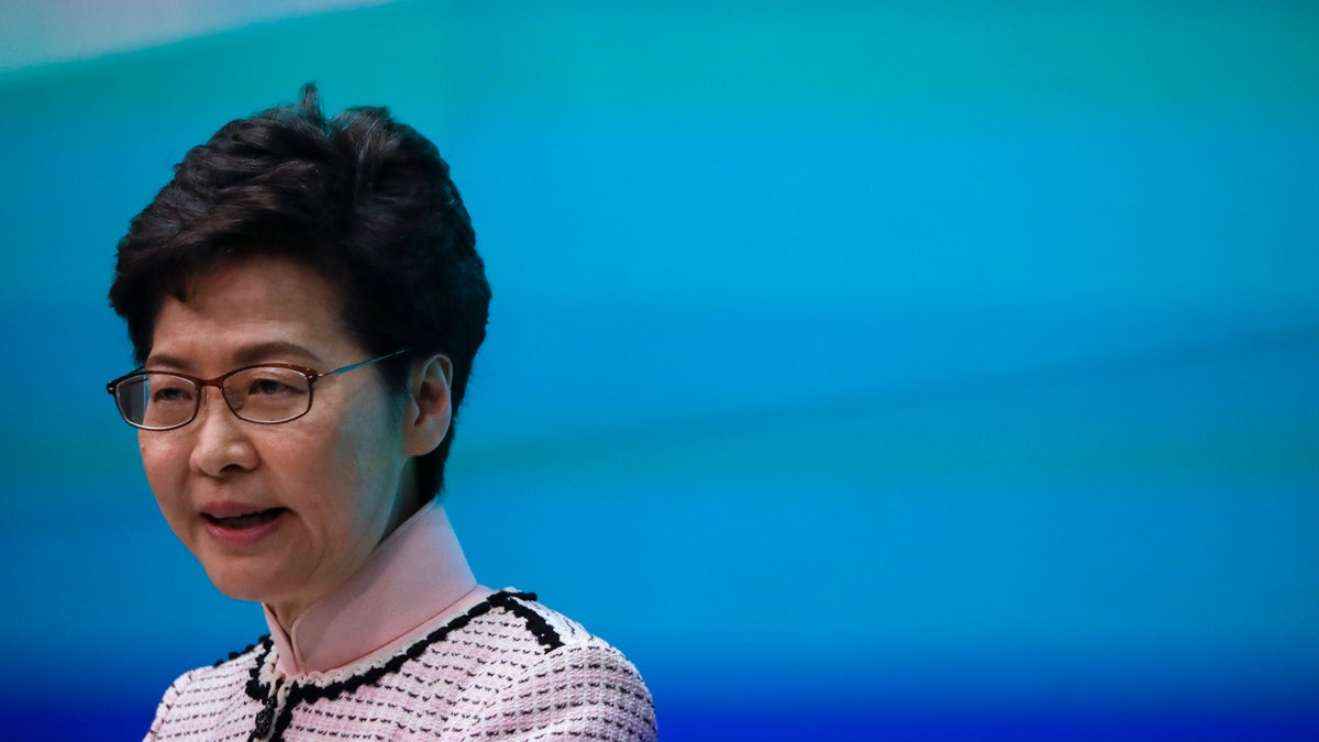Hong Kong Chief Executive Carrie Lam speaks during a press conference at the Legislative Council in Hong Kong Wednesday, Oct. 16, 2019. 