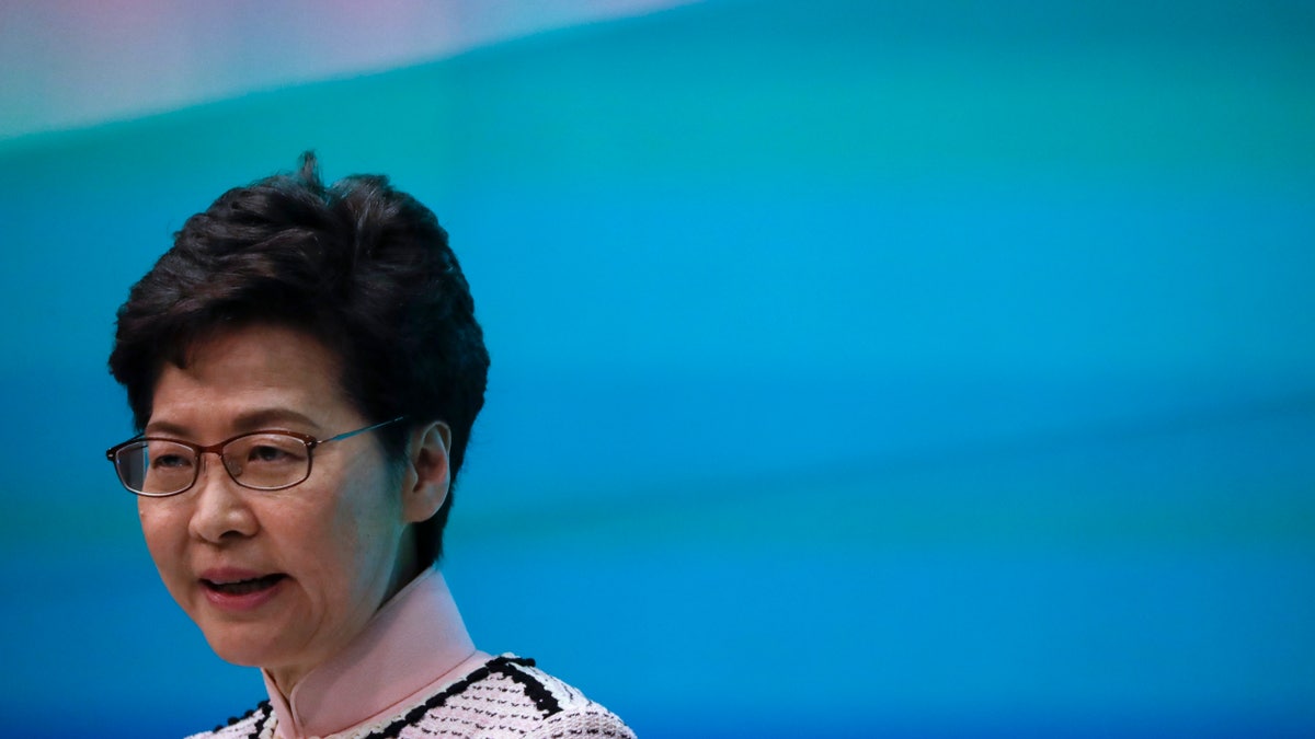 Hong Kong Chief Executive Carrie Lam speaks during a press conference at the Legislative Council in Hong Kong Wednesday, Oct. 16, 2019.