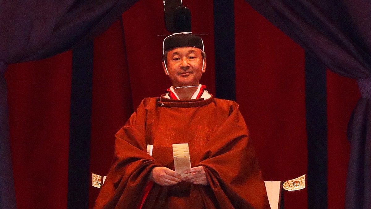 Japan's Emperor Naruhito attends a ceremony to proclaim his enthronement to the world, called Sokuirei-Seiden-no-gi, at the Imperial Palace in Tokyo, Japan, Tuesday, Oct. 22, 2019. (Issei Kato/Pool Photo via AP)