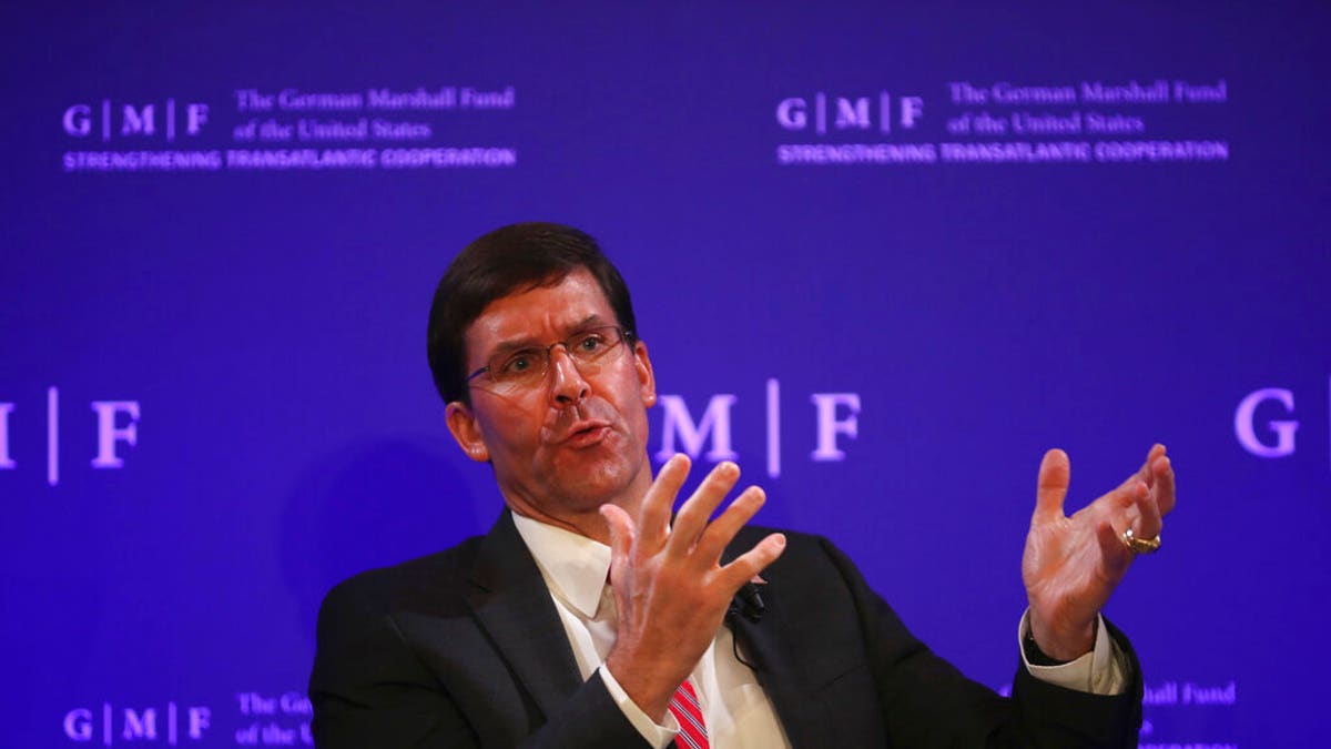 U.S. Secretary for Defense Mark Esper speaks during a panel discussion at the Concert Noble in Brussels, Thursday, Oct. 24, 2019. 