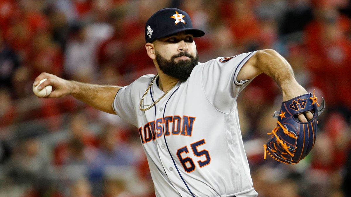 Houston Astros starting pitcher Jose Urquidy throws against the Washington Nationals during the first inning of Game 4 of the World Series, Oct. 26, 2019, in Washington. (Associated Press)