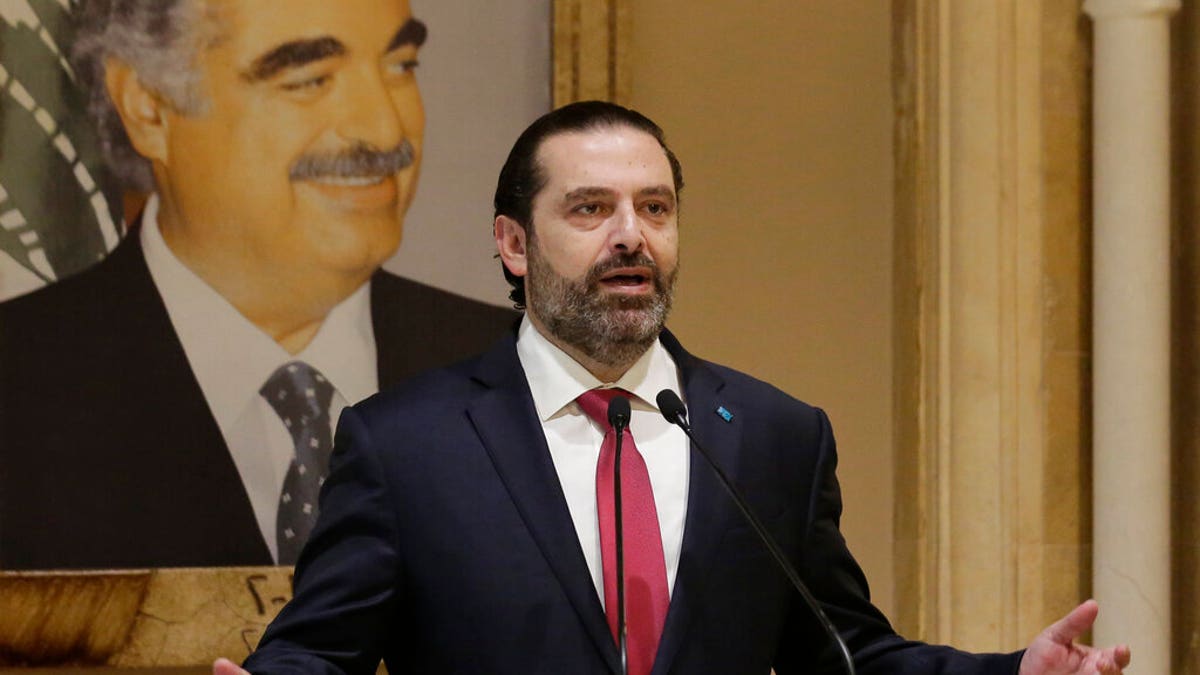 Lebanese Prime Minister Saad Hariri speaks during an address to the nation in Beirut, Lebanon, Tuesday, Oct. 29, 2019. 