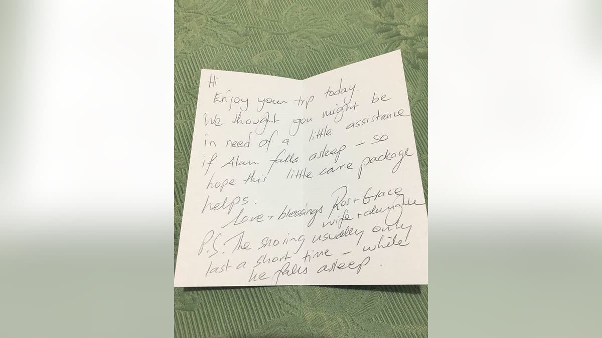 “Enjoy your trip today,” begins a note included with the care package. “We thought you might be in need of a little assistance if Alan falls asleep.”