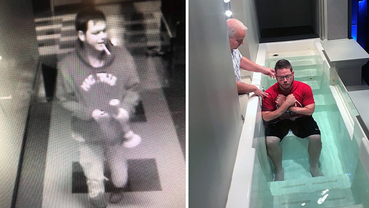 Brenton Winn, 23, pictured on the left vandalizing Central Baptist Church of Conway, Ark., and on the right, he is being baptized in the same church during a Wednesday night service, just months later.