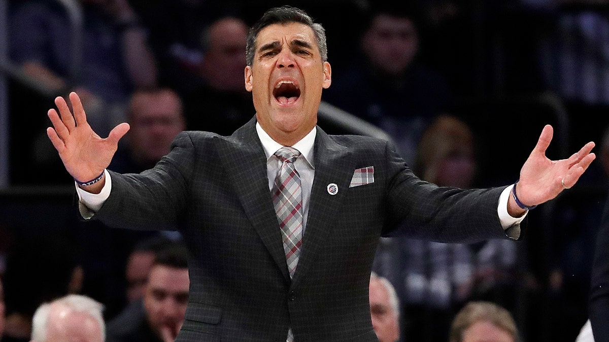 FILE - In this March 14, 2019, file photo, Villanova head coach Jay Wright reacts during the first half of an NCAA college basketball game against Providence at the Big East Conference tournament in New York. Wright is starting his 19th season at Villanova, where he is already the winningest coach in program history. (AP Photo/Frank Franklin II, File)