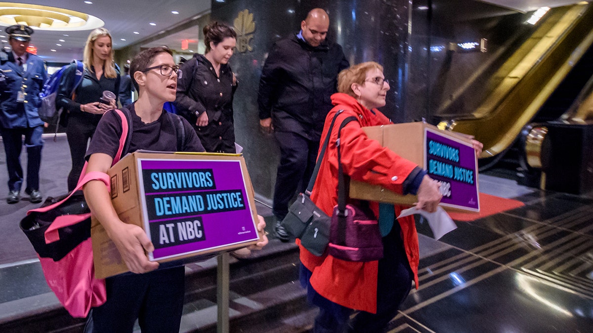 Sexual assault survivors and activists from UltraViolet, a leading national women’s organization, organized a rally and press conference on October 23, 2019 outside of NBC News Headquarters in New York City and deliver more than 18,500 signatures on petitions calling on the network to take immediate action to address abuses of power at the network. (Photo by Erik McGregor)