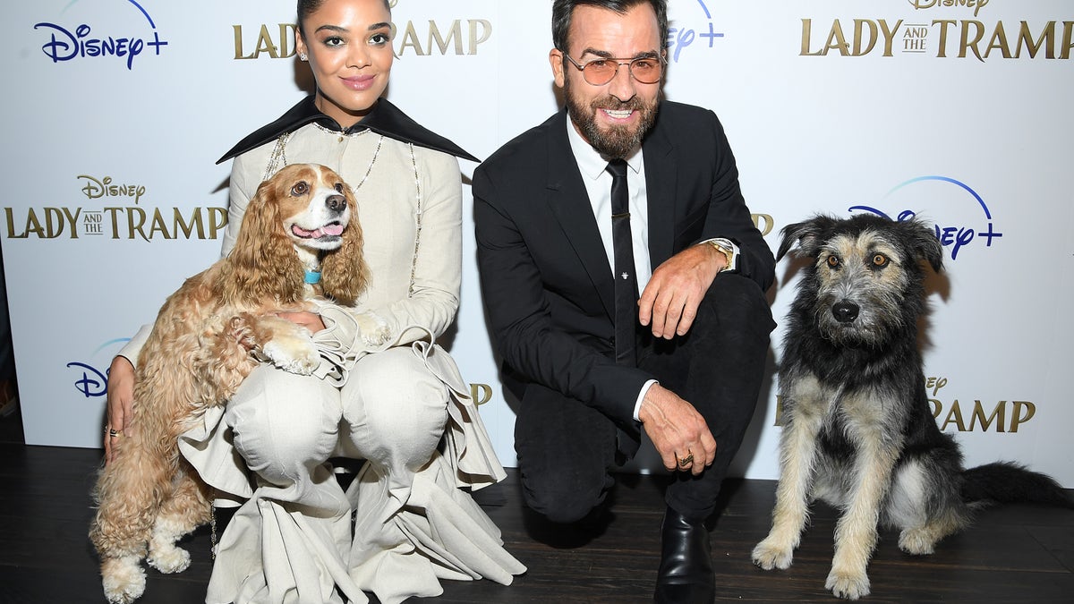 Tessa Thompson, Rose, Justin Theroux and Monte at a screening of Disney+'s "Lady And The Tramp." (Photo by Dimitrios Kambouris/Getty Images for Disney+)