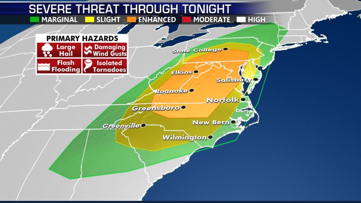 There is an enhanced threat of severe weather across the Mid-Atlantic on Halloween, according to forecasters.