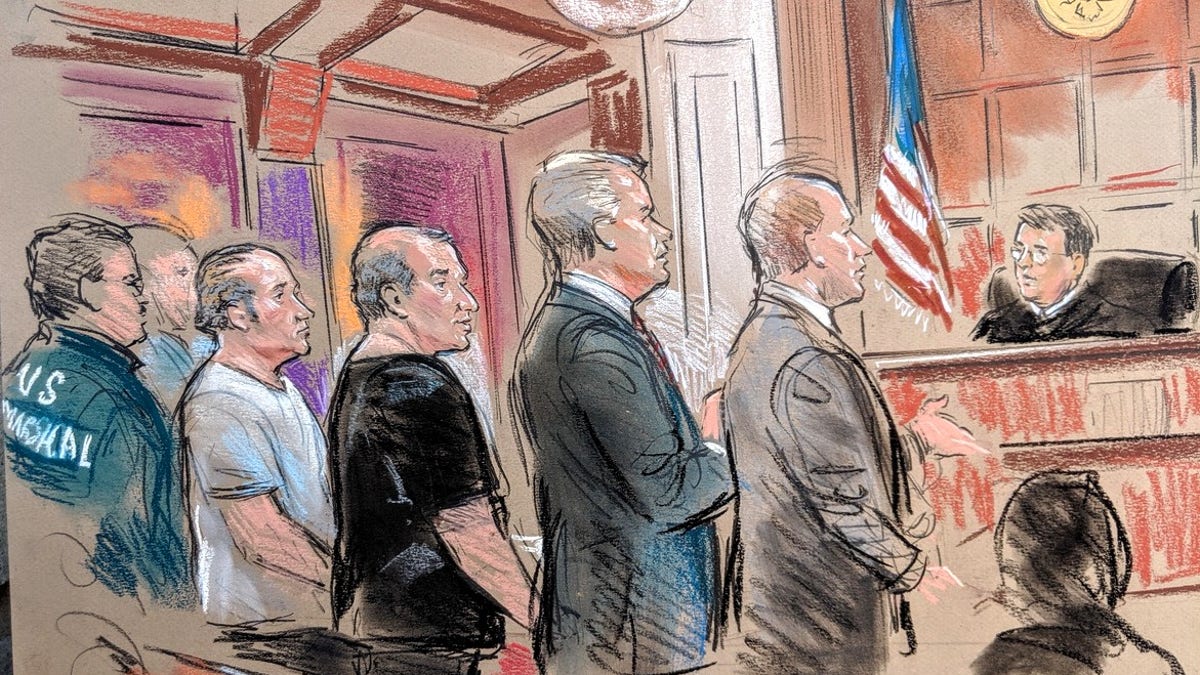 A courtroom sketch of Lev Parnas and Igor Fruman, associates of Rudy Giuliani, during their bond hearing. (William Hennessy Jr / CourtroomArt.com)