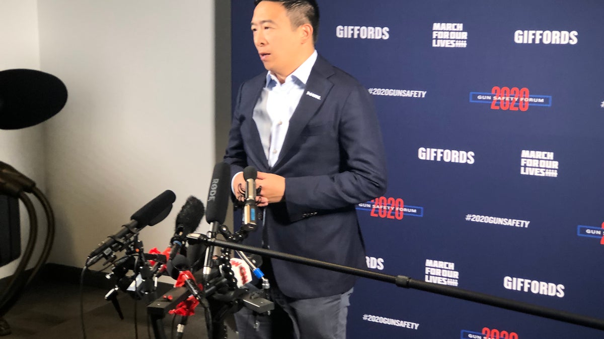 2020 Presidential candidate Andrew Yang speaks to reporters during a gun violence forum in Las Vegas, Nevada.