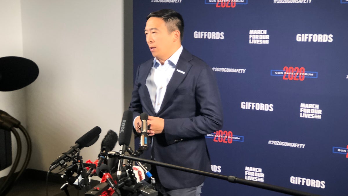 2020 Presidential candidate Andrew Yang speaks to reporters during a gun violence forum in Las Vegas, Nevada.