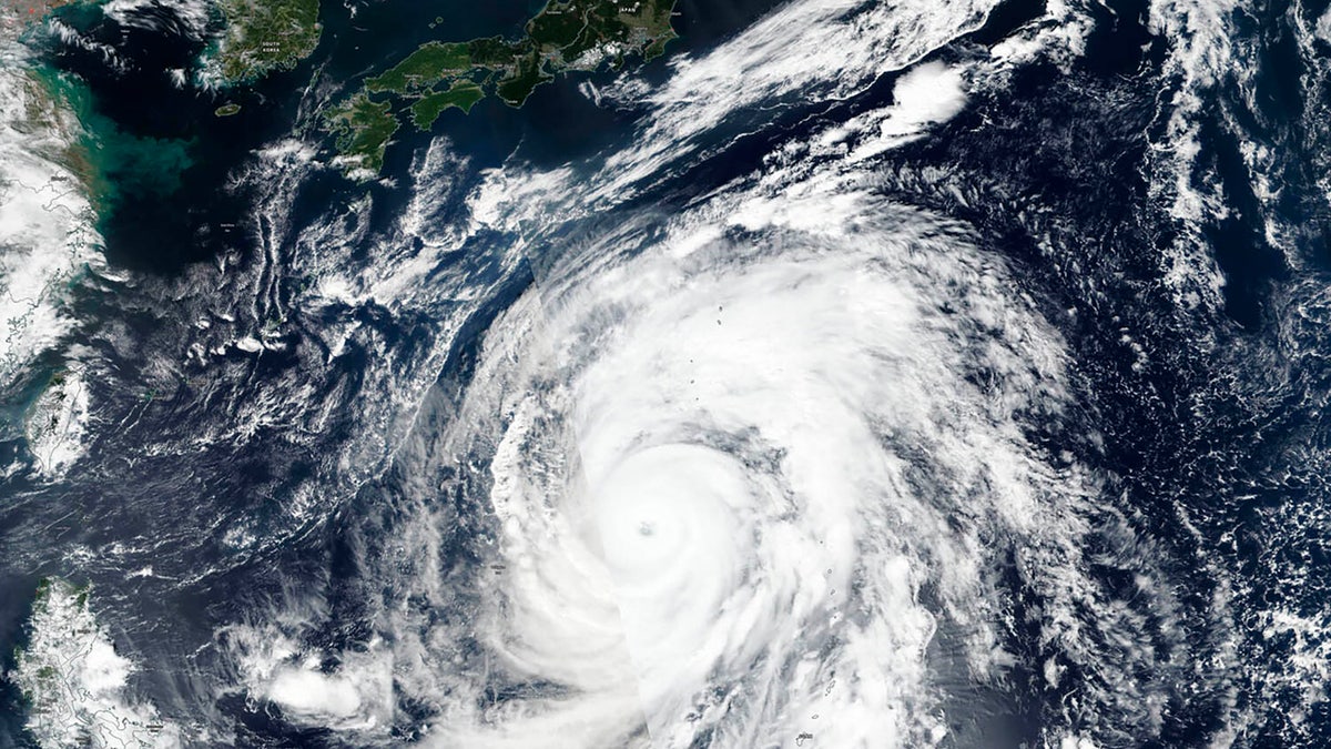 This Oct. 9, 2019, satellite photo taken by NASA-NOAA's Suomi NPP satellite shows typhoon Hagibis approaching Japan.