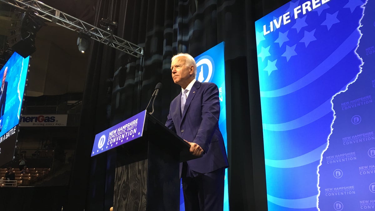 Former Vice President Joe Biden addresses the audience at the New Hampshire Democratic Party's annual convention, in Manchester, NH on Sept. 7, 2019