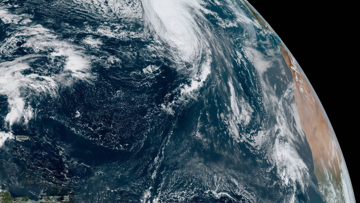 Hurricane Lorenzo can be seen swirling in the eastern Atlantic in 2019.