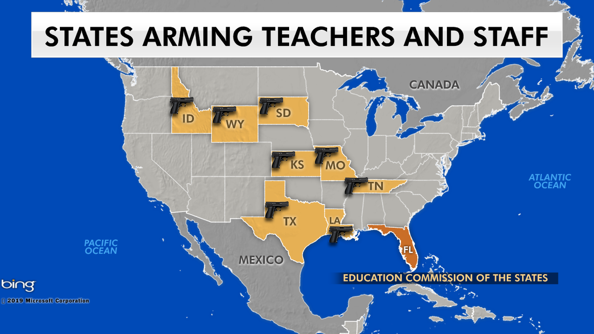 According to the Education Commission of the States, at least eight other states allow some teachers or other school employees to have guns. They include Idaho, Kansas, Louisiana, Missouri, South Dakota, Tennessee, Texas and Wyoming.