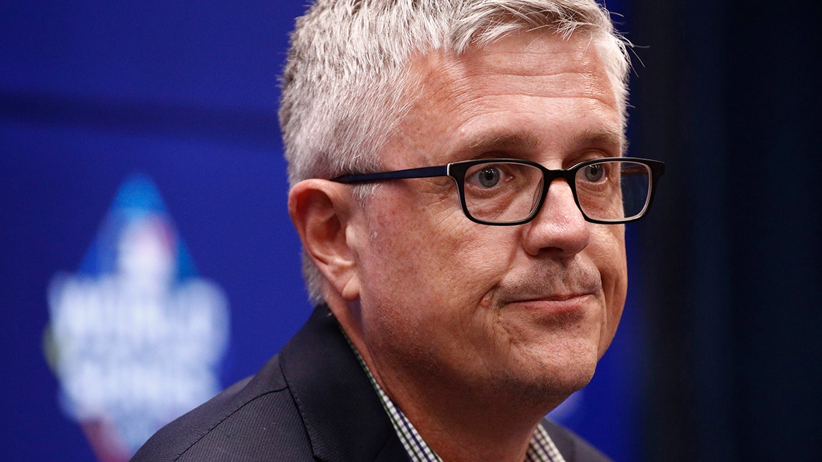 Houston Astros general manager Jeff Luhnow speaks at a news conference Thursday, Oct. 24, 2019, in Washington. The Astros and the Washington Nationals are scheduled to play Game 3 of baseball's World Series on Friday. (AP Photo/Patrick Semansky)