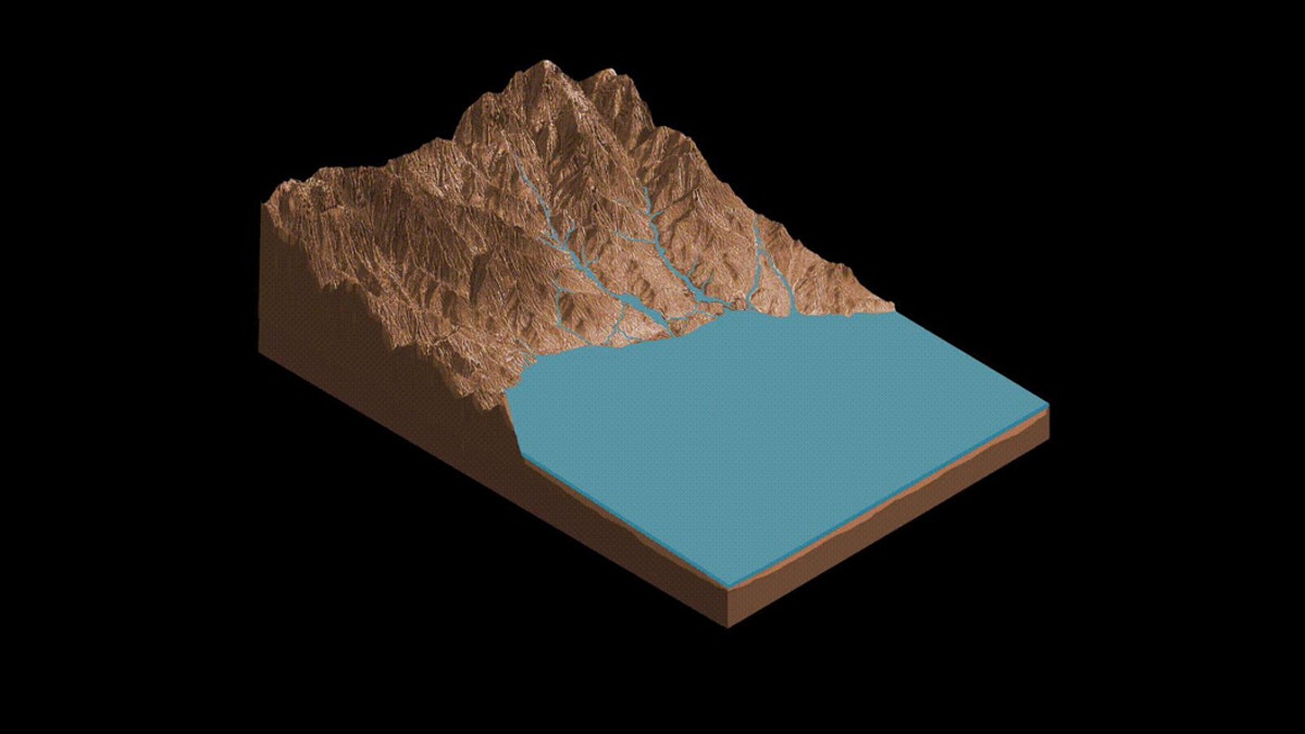 This animation demonstrates the salty ponds and streams that scientists think may have been left behind as Gale Crater dried out over time. The bottom of the image is the floor of Gale Crater, with the peak being the side of Mount Sharp. (Credit: ASU Knowledge Enterprise Development (KED), Michael Northrop)