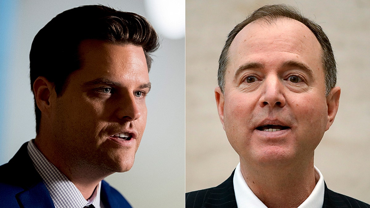 Rep. Matt Gaetz, R-Fla., (left) filed a formal ethics complaint against House Intelligence Committee Chairman Adam Schiff, D-Calif. (right.)