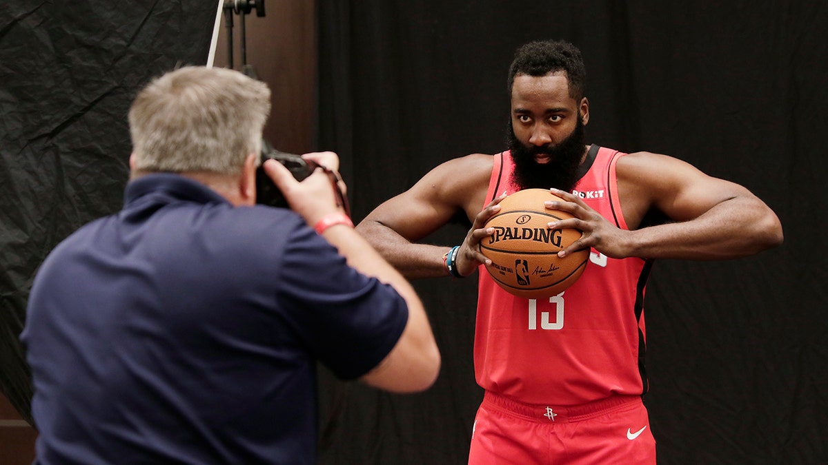 Houston Rockets' James Harden is photographed during NBA basketball media day Friday, Sept. 27, 2019, in Houston. (AP Photo/Michael Wyke)