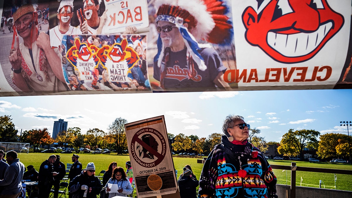 Protesters, including Marcy Hart of the White Earth Nation, march from Peavey Park to US Bank Stadium to protest the use of "Redskins" in the name of the Washington NFL football team, before Washington's game against the Minnesota Vikings on Thursday, Oct. 24, 2019, in Minneapolis. Protesters also had signs about the Kansas City Chiefs, the Cleveland Indians and the Atlanta Braves.