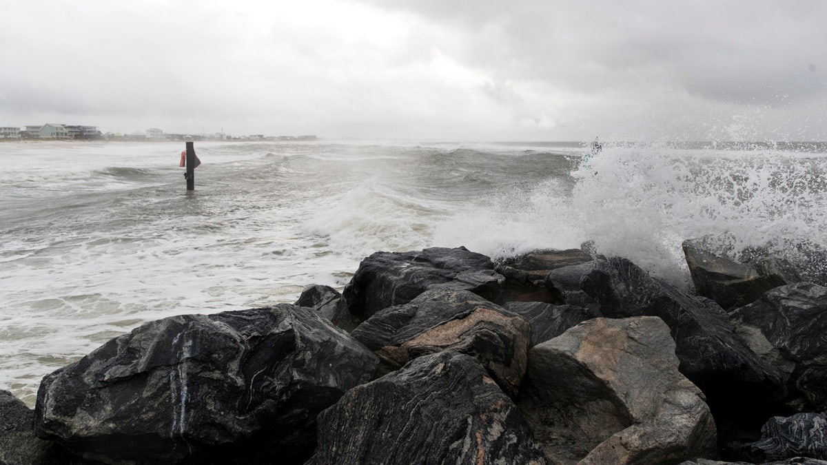 Waves crash on Mexico Beach, Fla. after Tropical Storm Nestor hit the town on Saturday, Oct. 19, 2019.