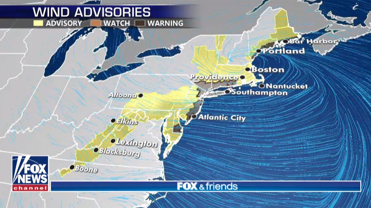 Wind advisories and warnings stretch from the Mid-Atlantic to the Northeast.