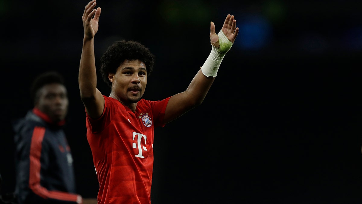 Bayern's Serge Gnabry, scorer of four goals, celebrates after the Champions League group B soccer match between Tottenham and Bayern Munich at the Tottenham Hotspur stadium in London, Tuesday, Oct. 1, 2019. Bayern won 7-2. (AP Photo/Matt Dunham)