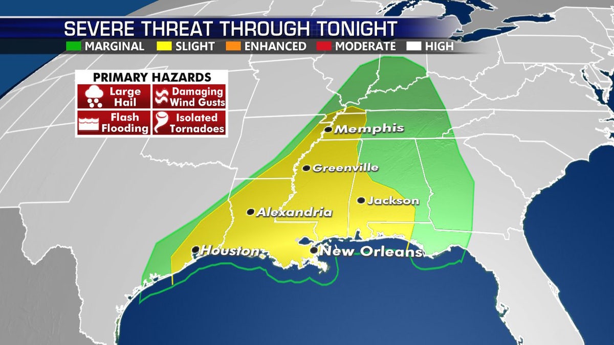 The area of possible severe weather stretches from the Gulf Coast to the Ohio Valley.