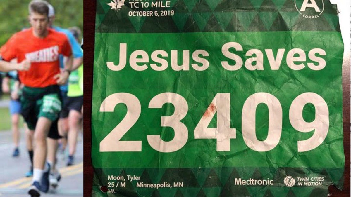 Tyler Moon, 25, of Eden Prairie, Minn., was running a 10-mile race earlier this year, with a "Jesus Saves" bib when he experienced cardiac arrest, but right behind him was a registered nurse named Jesus, who helped save his life.