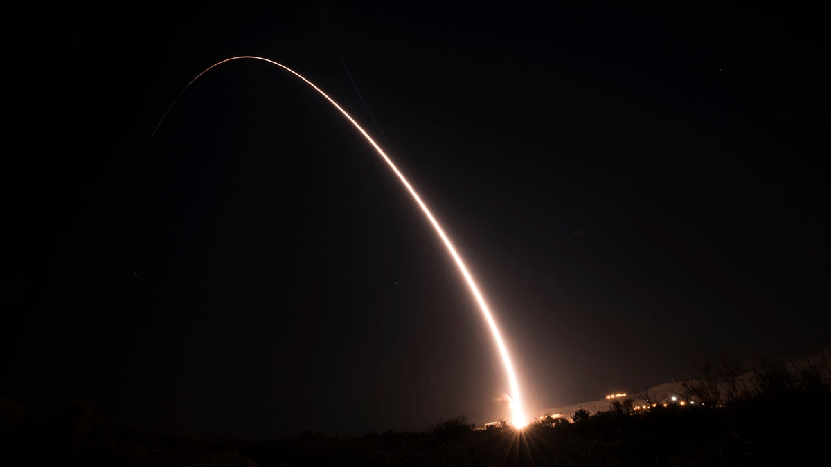 This image shows an unarmed Minuteman III intercontinental ballistic missile test launch early Wednesday, Oct. 2, 2019, at Vandenberg Air Force Base, Calif. (Michael Peterson/U.S. Air Force via AP)