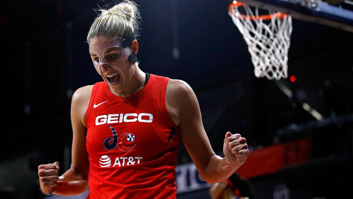 Washington Mystics forward Elena Delle Donne reacts after getting fouled while scoring in the second half of Game 1 of basketball's WNBA Finals against the Connecticut Sun, Sunday, Sept. 29, 2019, in Washington. Delle Donne contributed a team-high 22 points to Washington's 95-86 win. (AP Photo/Patrick Semansky)