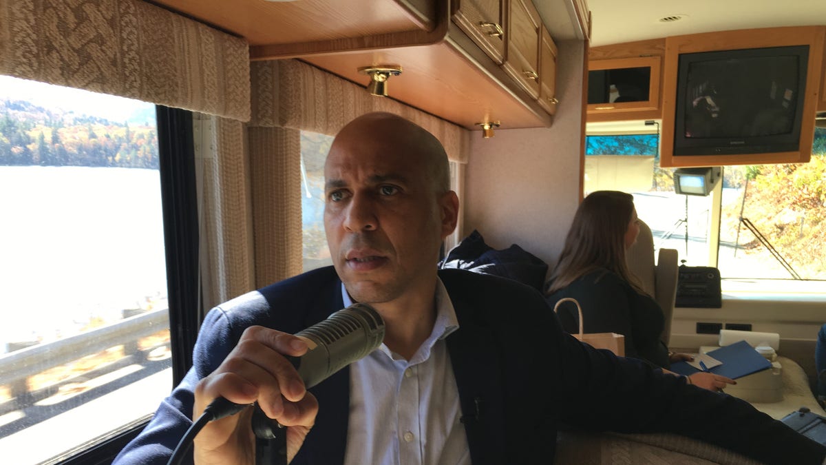 Democratic presidential candidate Sen. Cory Booker of New Jersey speaking with Fox News and NHTalkRadio.com aboard his campaign RV on the road from Peterborough to Keene, N.H., on Monday.